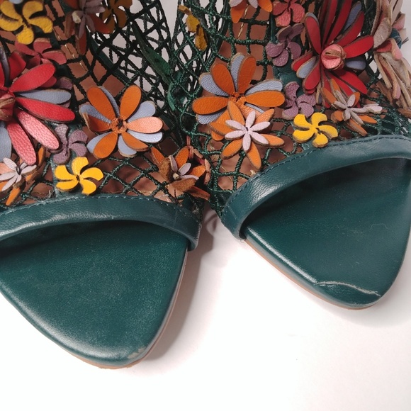 Zara Sz 37 Green Mesh Floral Applique Bootie Heels - Picture 6 of 7
